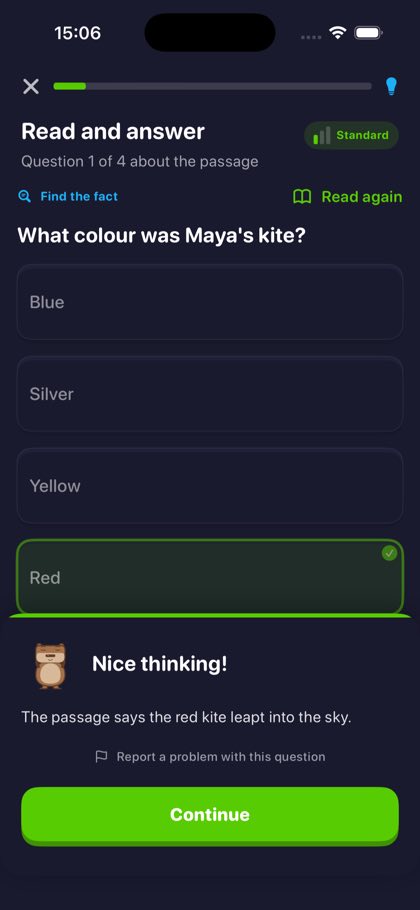 Comprehension question answered correctly with Cappy explaining the answer from the passage