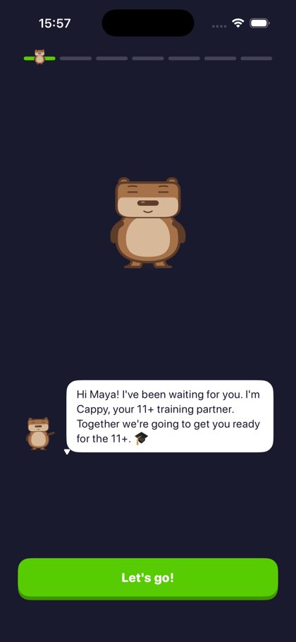 Onboarding screen with Cappy welcoming a new child by name