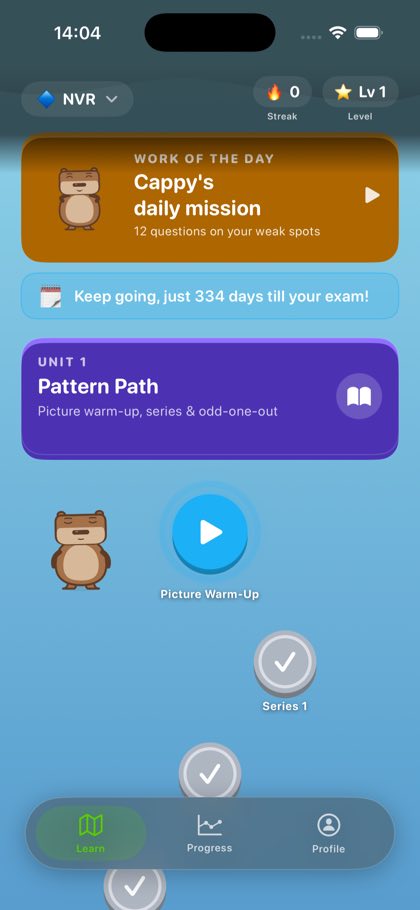 Learn tab showing Cappy's daily mission, the exam countdown and the first unit of lessons