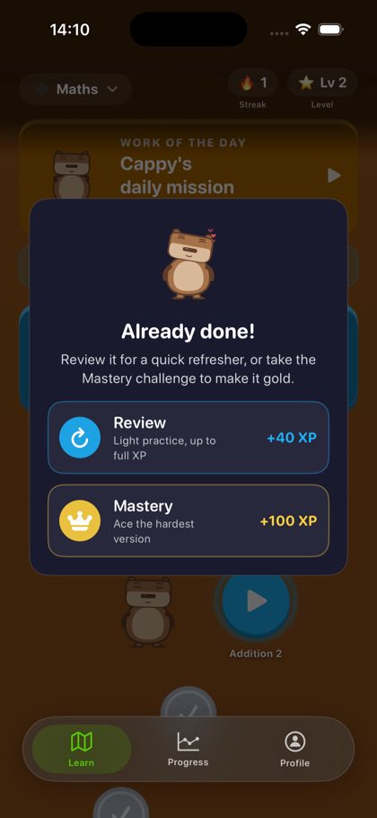 Popup offering a light Review or a harder Mastery challenge on a completed lesson