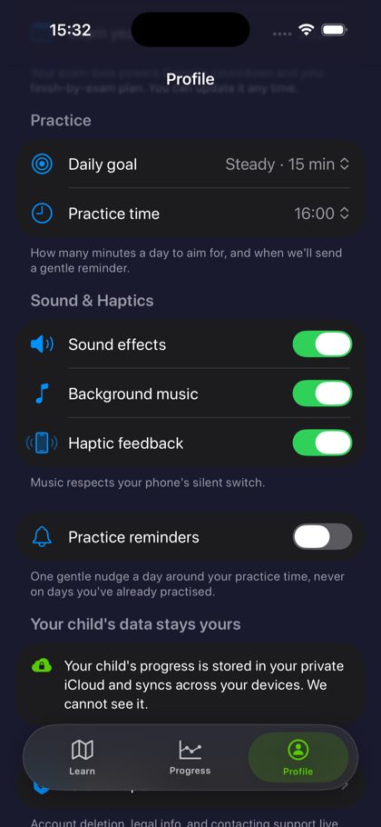 Profile settings screen with sound options and a notice that progress is stored in the family's private iCloud