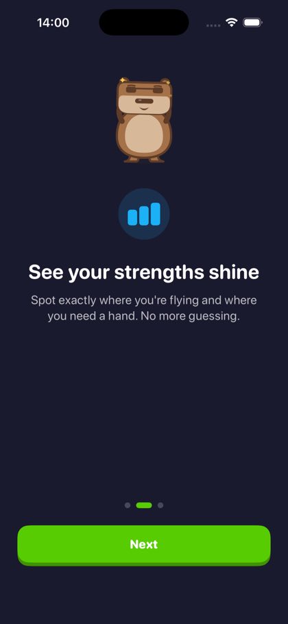 Onboarding screen reading see your strengths shine with Cappy