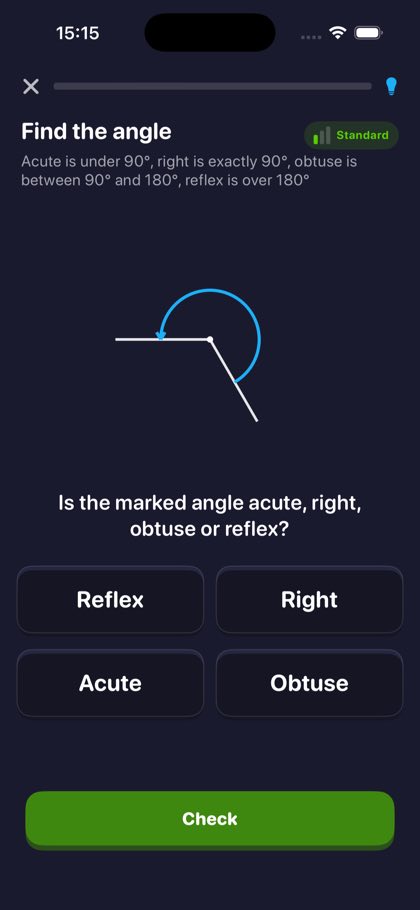 Angles question asking whether the marked angle is acute, right, obtuse or reflex