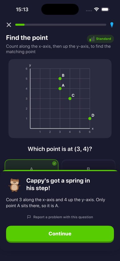 Coordinates question finding the point at given coordinates on a labelled grid, answered correctly