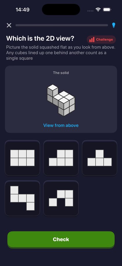 Which is the 2D view Challenge question showing a 3D solid and five flattened silhouette options