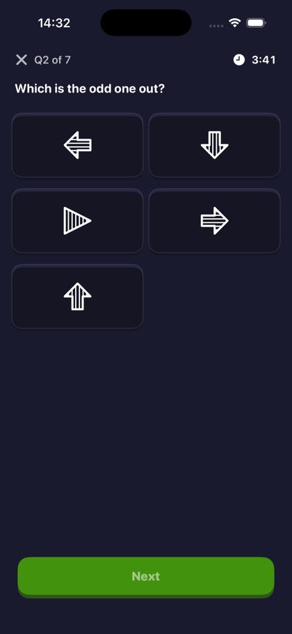 Timed Challenge difficulty question with a countdown clock and odd one out shapes