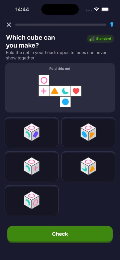 Fold this net question showing a six-square cube net and five folded dice options