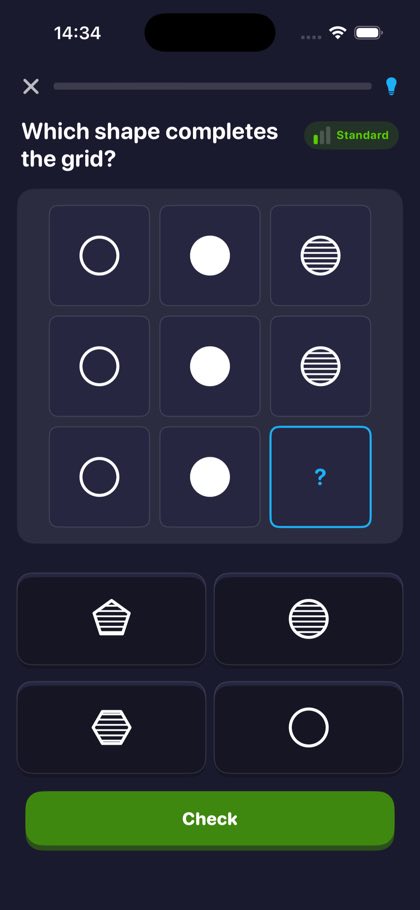 3 by 3 grid pattern question with shaded circles and a missing tile