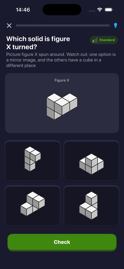 Non-Verbal Reasoning 3D rotation question asking which solid figure X becomes when it is turned