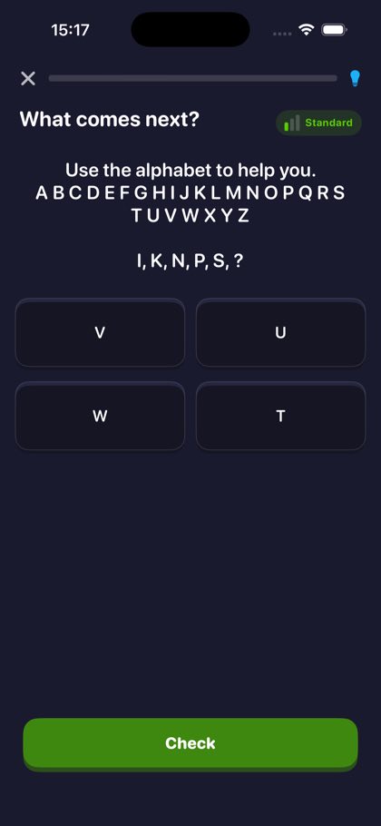 Letter series question I K N P S continue the pattern