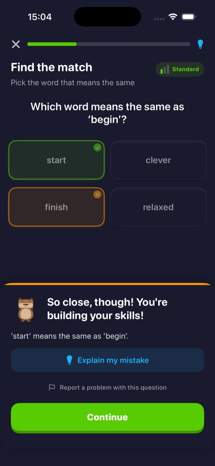 Synonym question answered with Cappy's encouraging so close feedback showing the correct answer