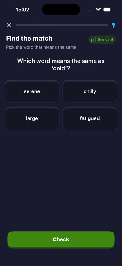 Find the match question asking which word means the same as cold
