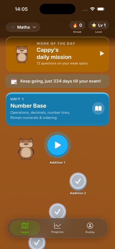 Capypass roadmap showing units for the four subjects on one mastery journey