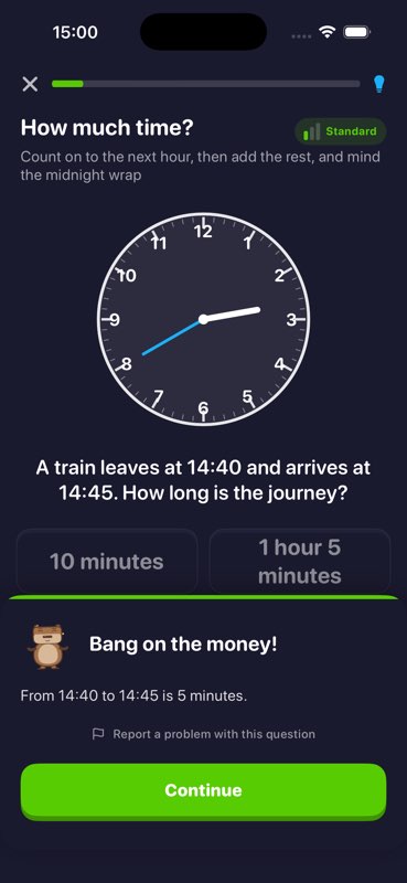 Clock question about a train journey answered correctly with Cappy's explanation