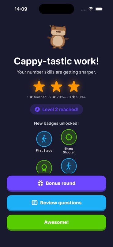 Lesson complete screen with three stars, a level up and new badges unlocked